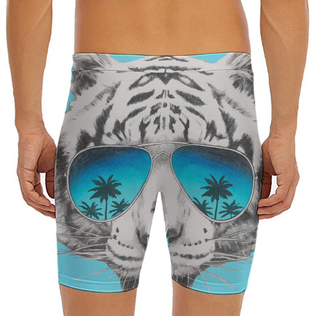 White Tiger With Sunglasses Print Men's Long Boxer Briefs