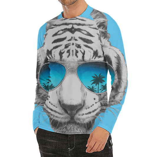White Tiger With Sunglasses Print Men's Long Sleeve Rash Guard