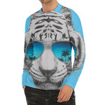 White Tiger With Sunglasses Print Men's Long Sleeve Rash Guard