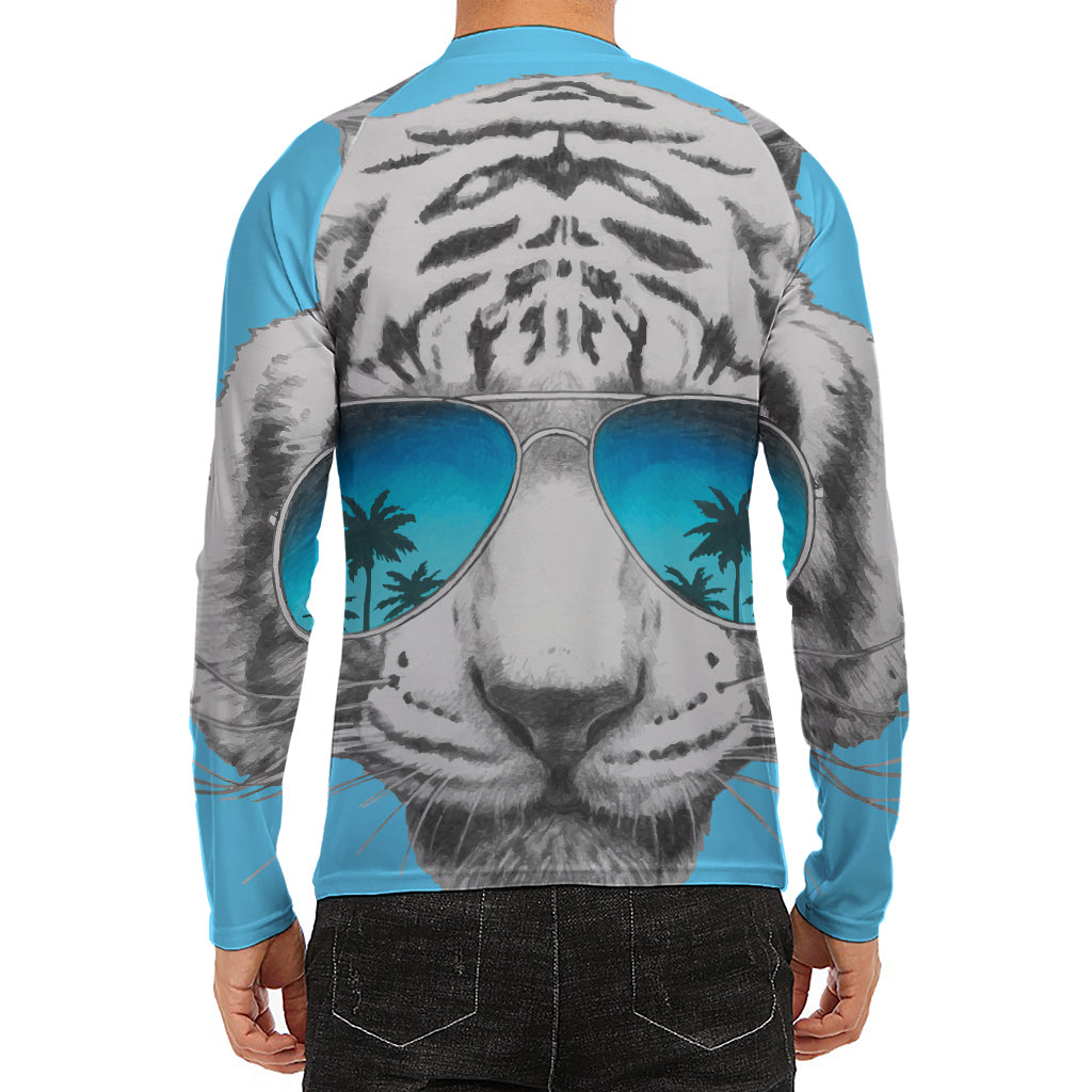 White Tiger With Sunglasses Print Men's Long Sleeve Rash Guard