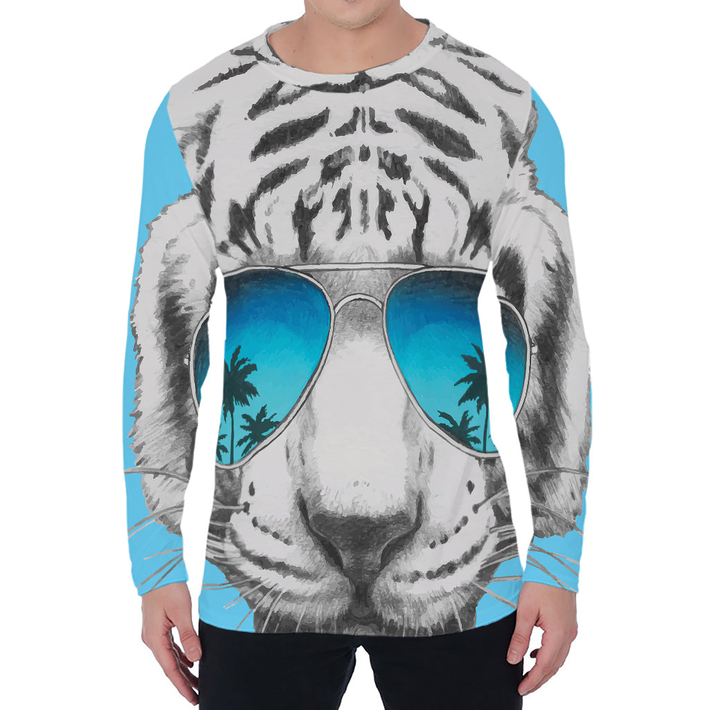 White Tiger With Sunglasses Print Men's Long Sleeve T-Shirt