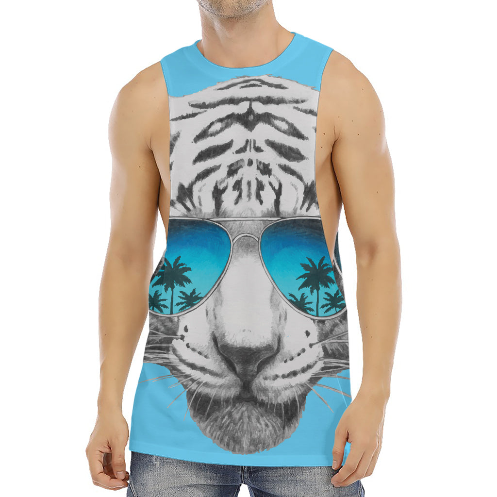 White Tiger With Sunglasses Print Men's Muscle Tank Top