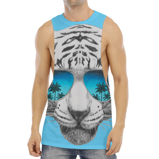 White Tiger With Sunglasses Print Men's Muscle Tank Top