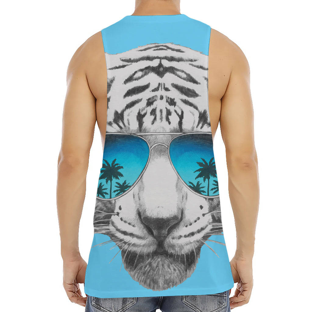 White Tiger With Sunglasses Print Men's Muscle Tank Top