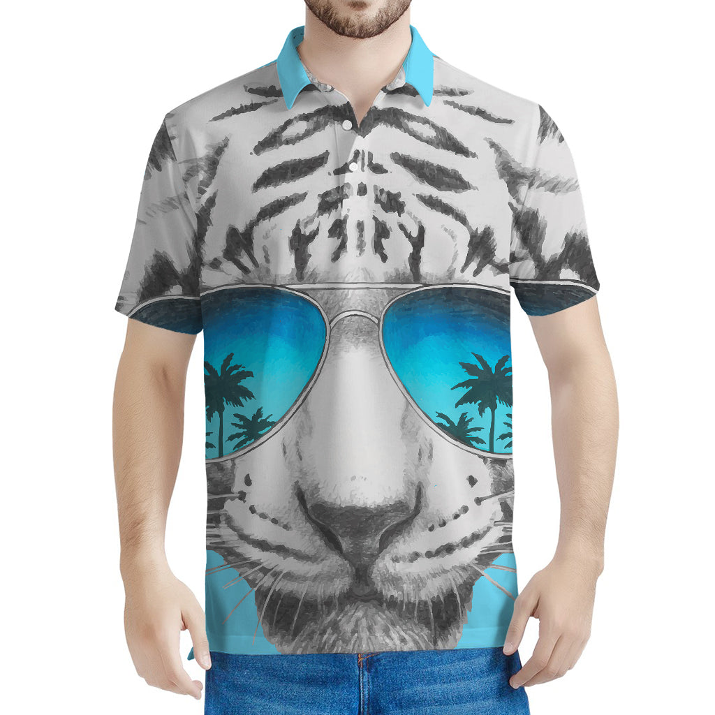 White Tiger With Sunglasses Print Men's Polo Shirt