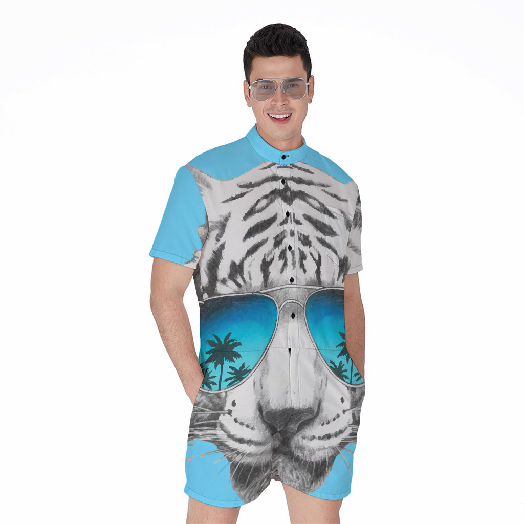 White Tiger With Sunglasses Print Men's Rompers