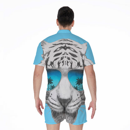 White Tiger With Sunglasses Print Men's Rompers