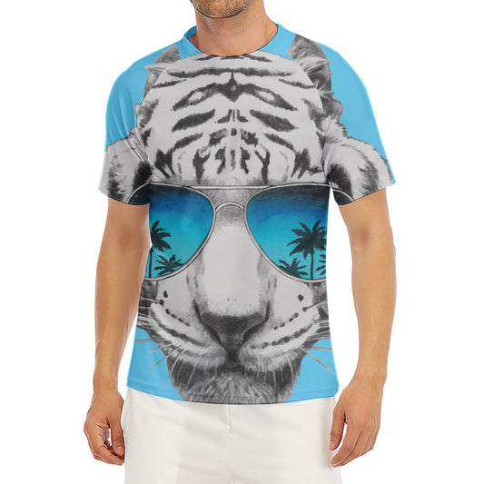 White Tiger With Sunglasses Print Men's Short Sleeve Rash Guard