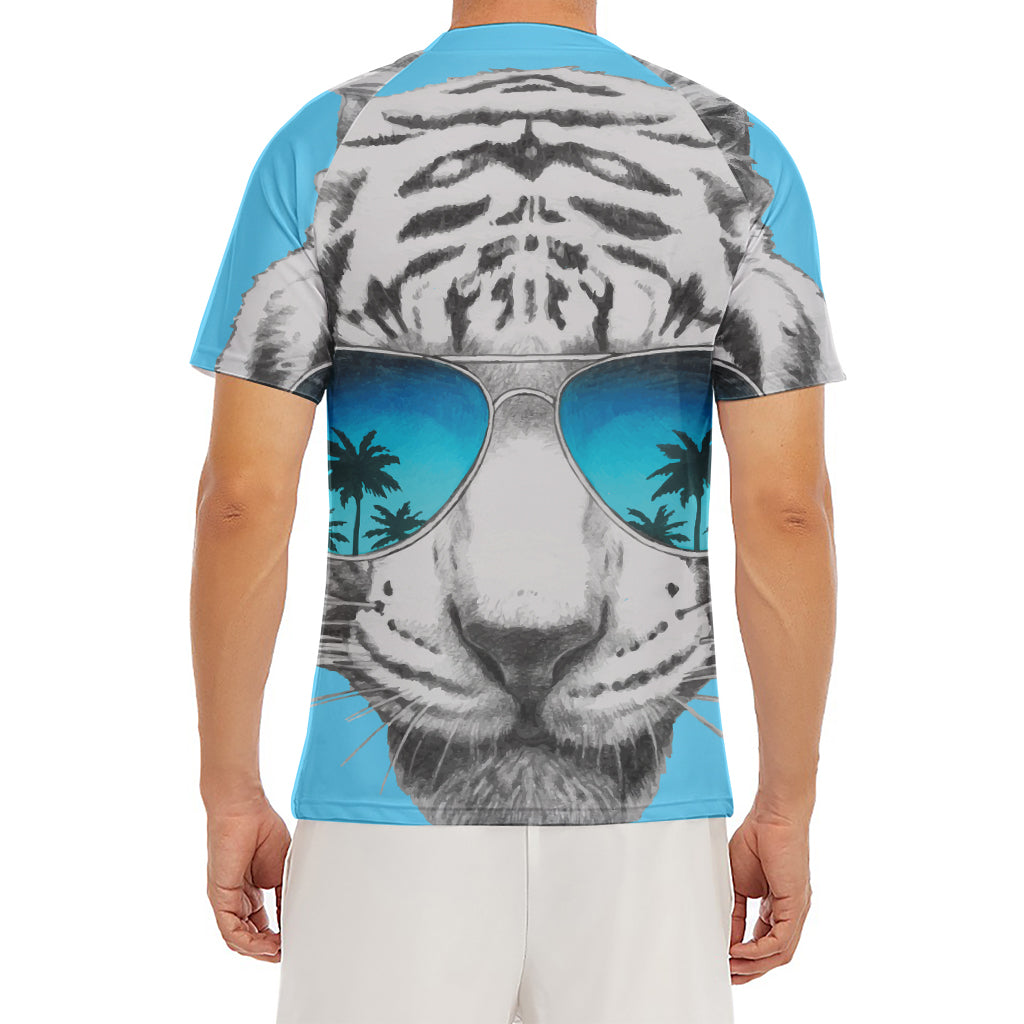 White Tiger With Sunglasses Print Men's Short Sleeve Rash Guard