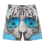 White Tiger With Sunglasses Print Men's Swim Trunks