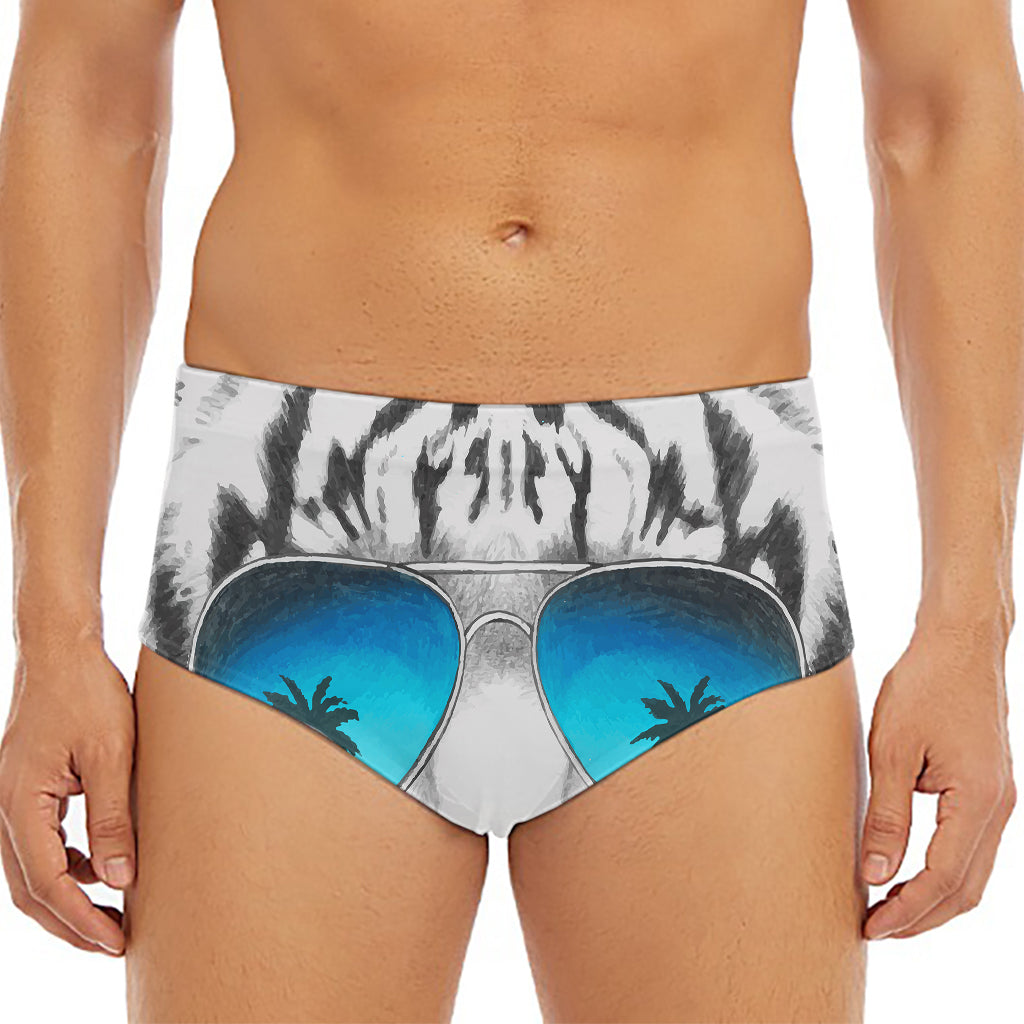 White Tiger With Sunglasses Print Men's Triangle Swim Briefs