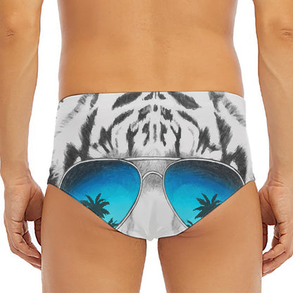 White Tiger With Sunglasses Print Men's Triangle Swim Briefs