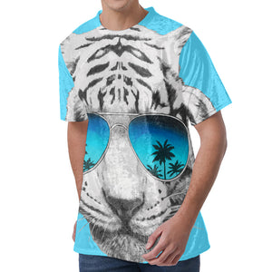 White Tiger With Sunglasses Print Men's Velvet T-Shirt