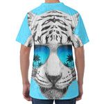 White Tiger With Sunglasses Print Men's Velvet T-Shirt