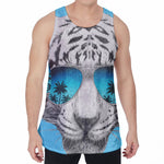 White Tiger With Sunglasses Print Men's Velvet Tank Top