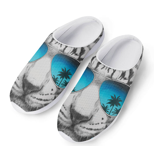 White Tiger With Sunglasses Print Mesh Casual Shoes