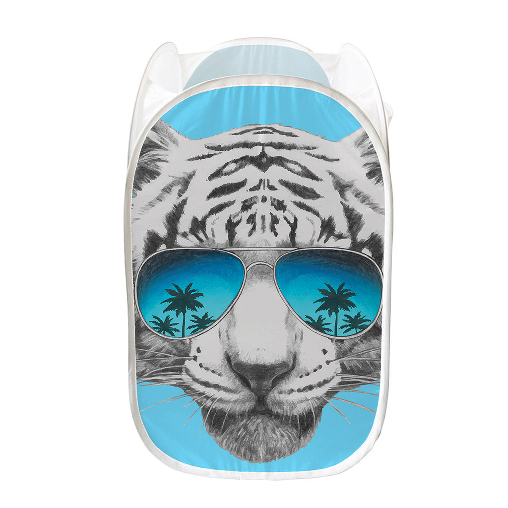 White Tiger With Sunglasses Print Mesh Laundry Hamper