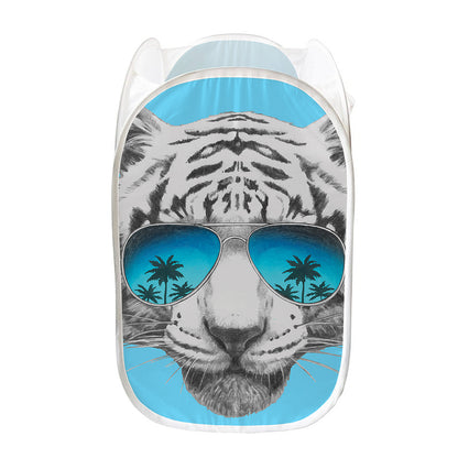 White Tiger With Sunglasses Print Mesh Laundry Hamper