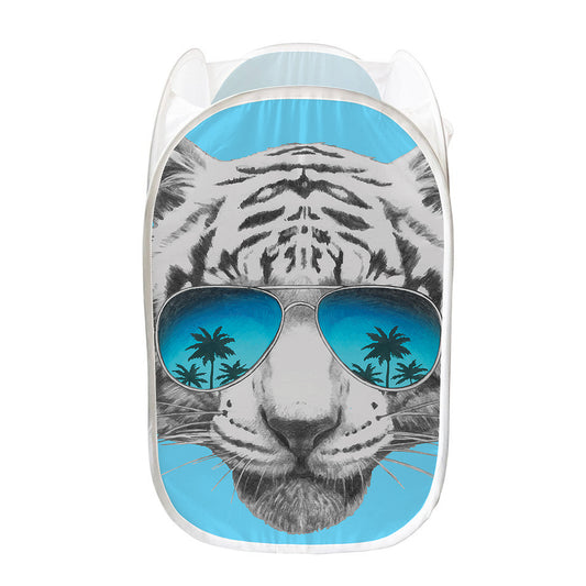 White Tiger With Sunglasses Print Mesh Laundry Hamper
