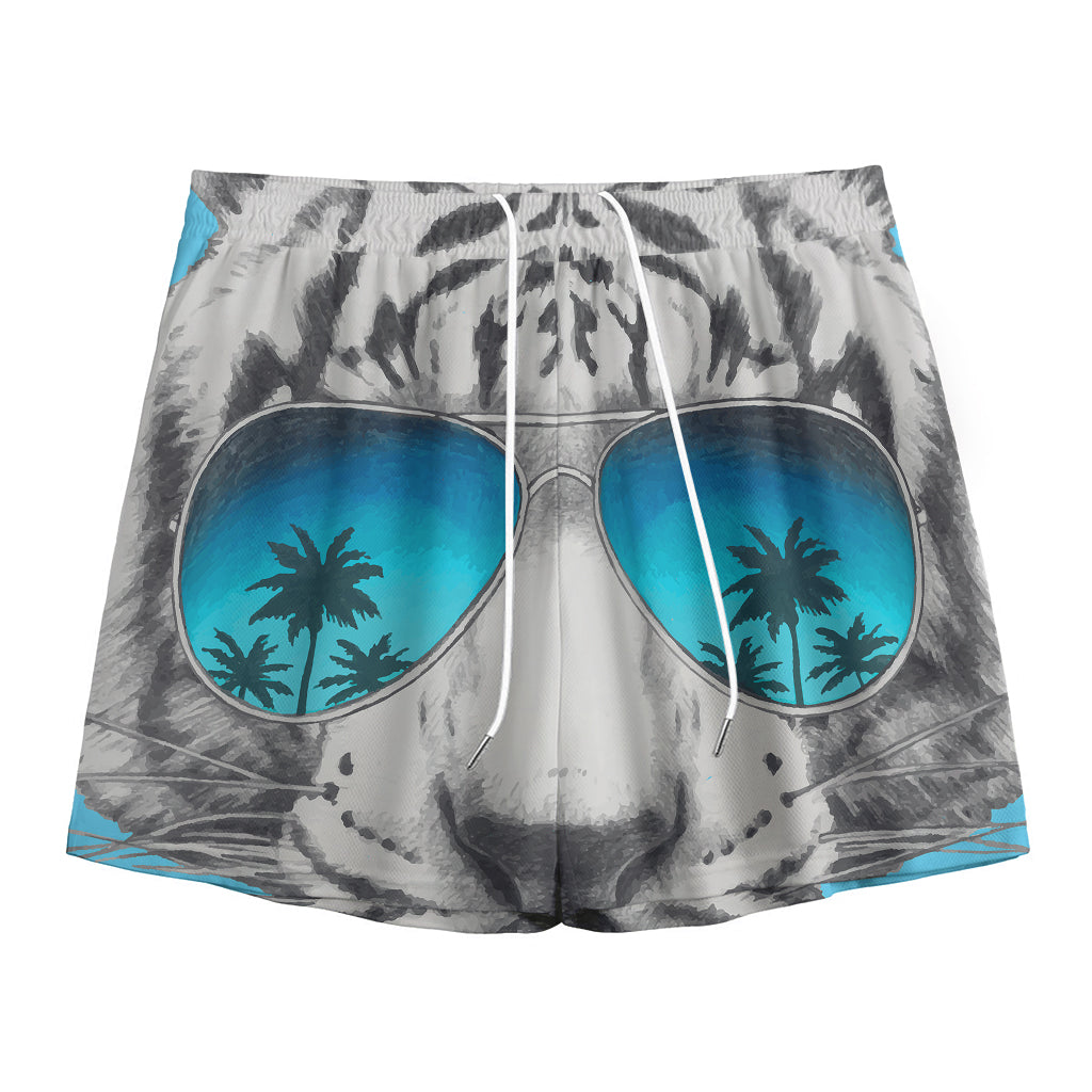 White Tiger With Sunglasses Print Mesh Shorts