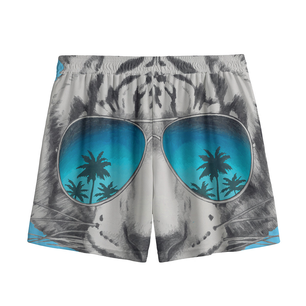 White Tiger With Sunglasses Print Mesh Shorts