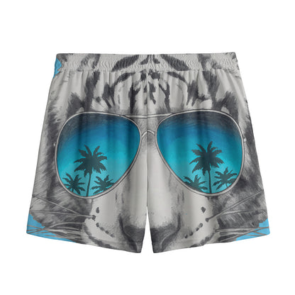 White Tiger With Sunglasses Print Mesh Shorts