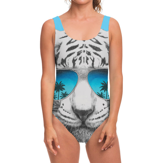 White Tiger With Sunglasses Print One Piece Swimsuit