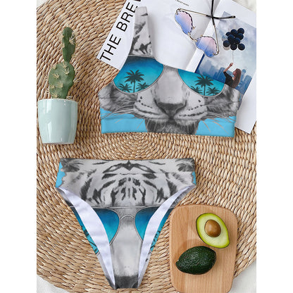 White Tiger With Sunglasses Print One Shoulder Bikini Top