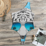White Tiger With Sunglasses Print One Shoulder Bodysuit