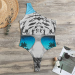 White Tiger With Sunglasses Print One Shoulder Bodysuit