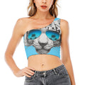 White Tiger With Sunglasses Print One Shoulder Crop Top