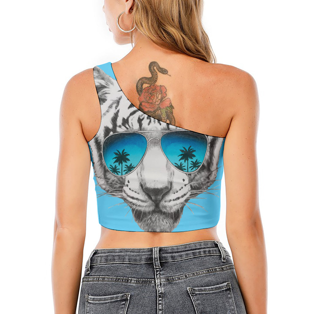 White Tiger With Sunglasses Print One Shoulder Crop Top