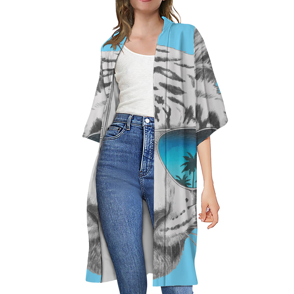 White Tiger With Sunglasses Print Open Front Beach Cover Up