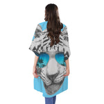 White Tiger With Sunglasses Print Open Front Beach Cover Up