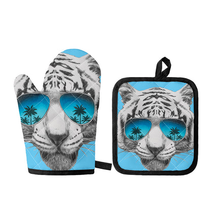 White Tiger With Sunglasses Print Oven Mitt And Pot Holder Set