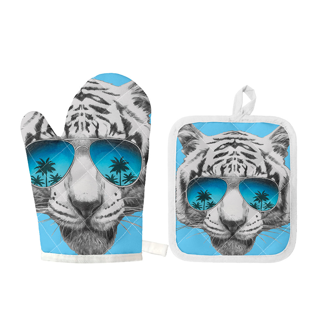 White Tiger With Sunglasses Print Oven Mitt And Pot Holder Set