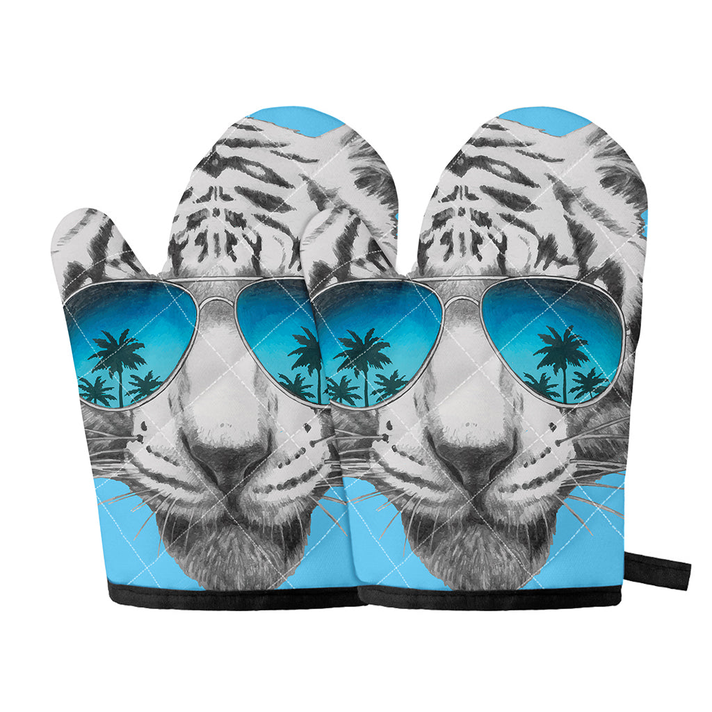 White Tiger With Sunglasses Print Oven Mitts