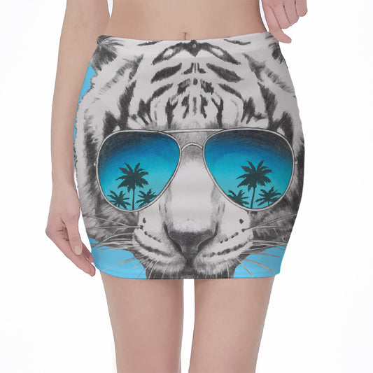 White Tiger With Sunglasses Print Pencil Mini Skirt