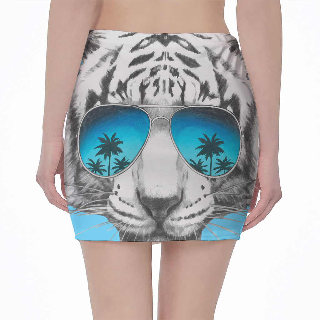 White Tiger With Sunglasses Print Pencil Mini Skirt