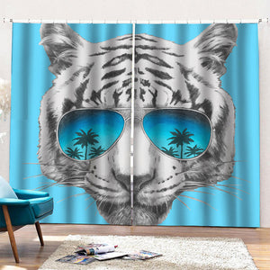 White Tiger With Sunglasses Print Pencil Pleat Curtains