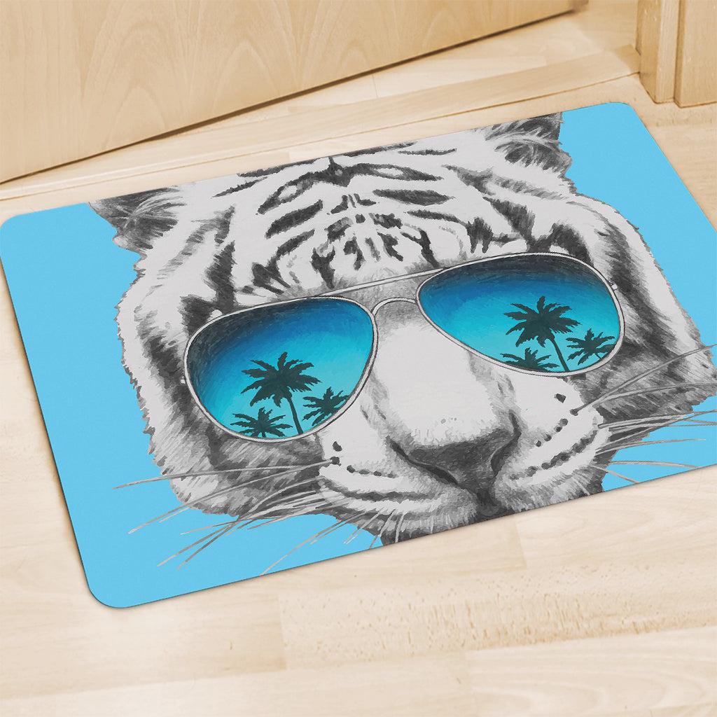 White Tiger With Sunglasses Print Polyester Doormat