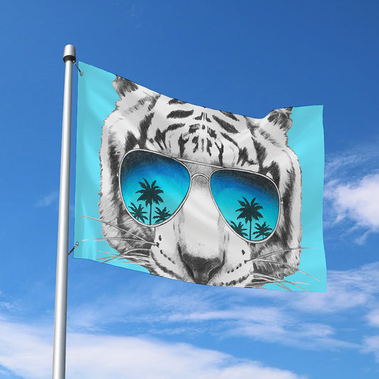 White Tiger With Sunglasses Print Polyester Flag