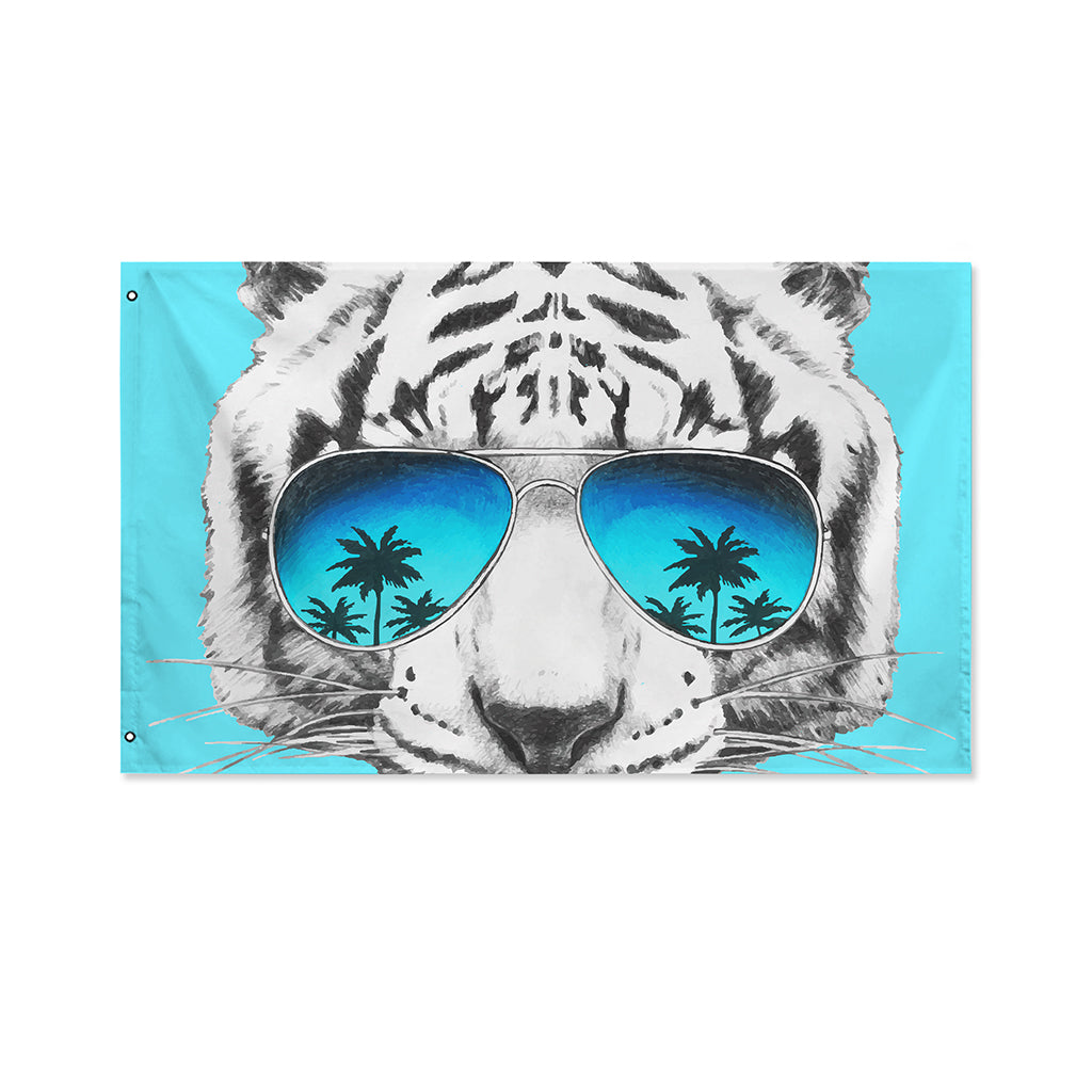 White Tiger With Sunglasses Print Polyester Flag