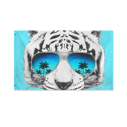 White Tiger With Sunglasses Print Polyester Flag