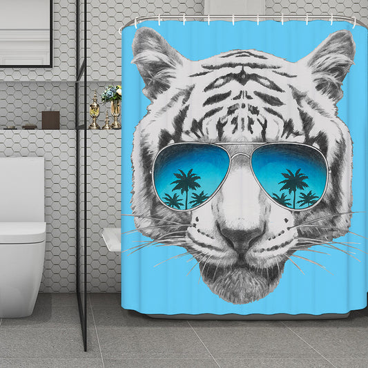 White Tiger With Sunglasses Print Polyester Shower Curtain