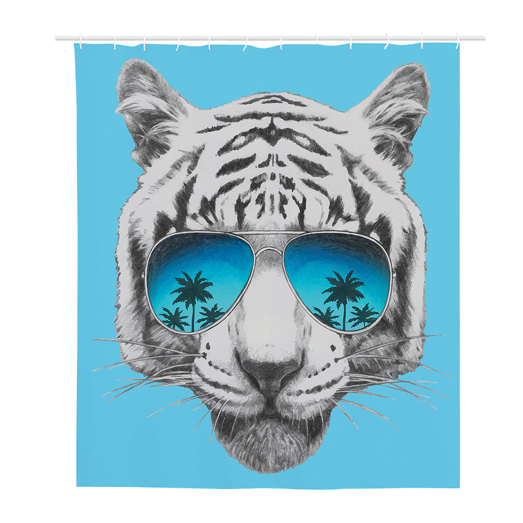 White Tiger With Sunglasses Print Polyester Shower Curtain