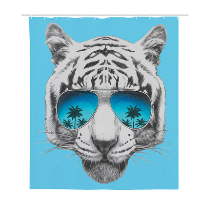 White Tiger With Sunglasses Print Polyester Shower Curtain