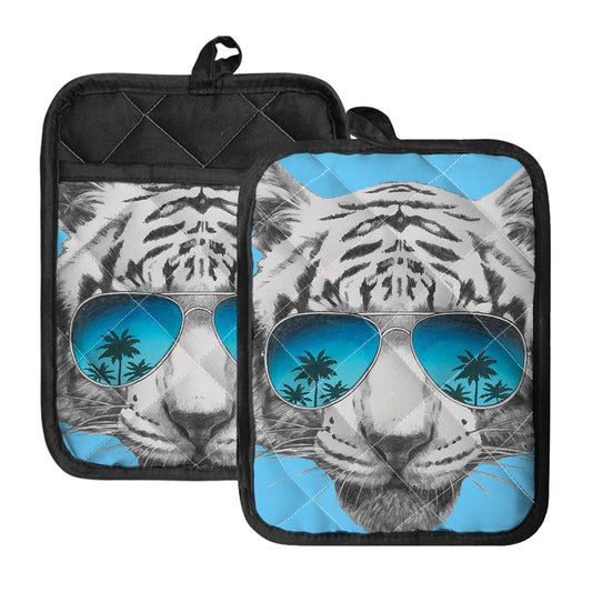 White Tiger With Sunglasses Print Pot Holders With Pocket