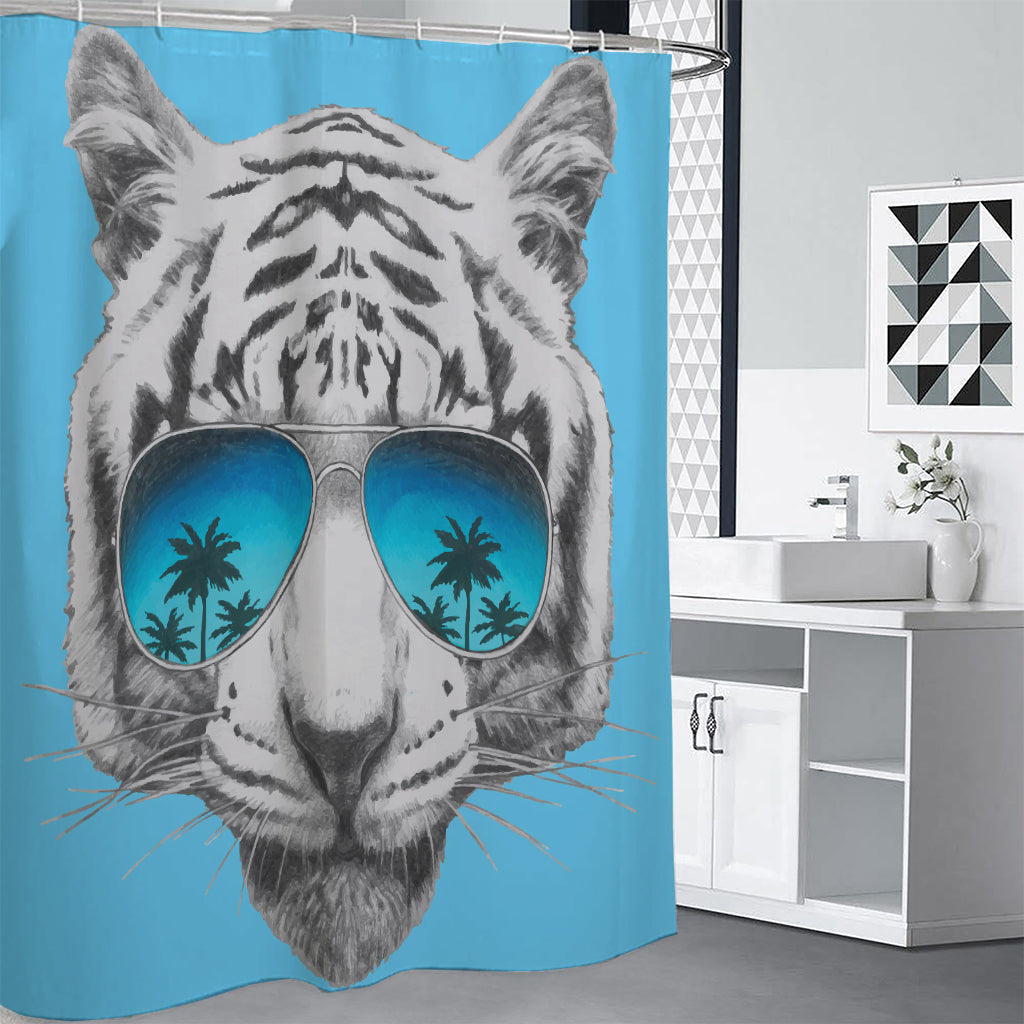 White Tiger With Sunglasses Print Premium Shower Curtain