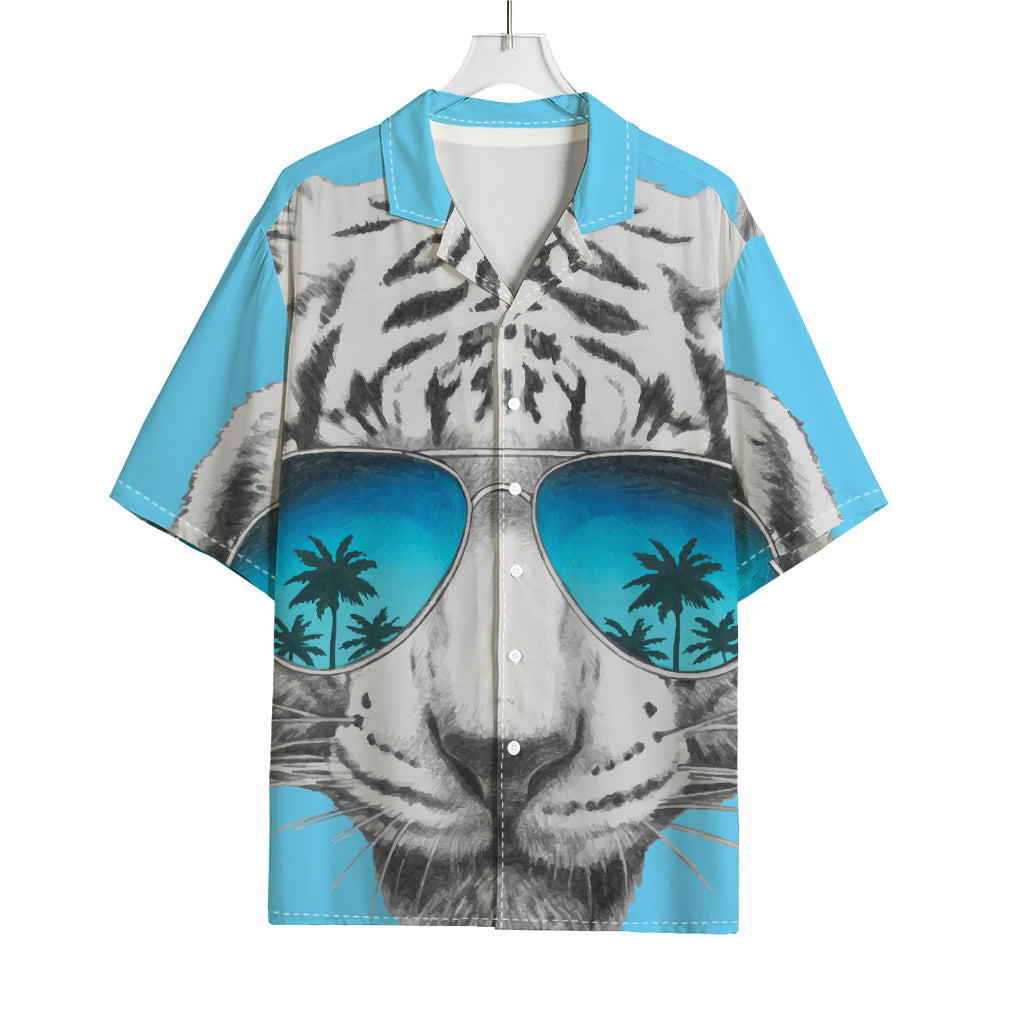 White Tiger With Sunglasses Print Rayon Hawaiian Shirt